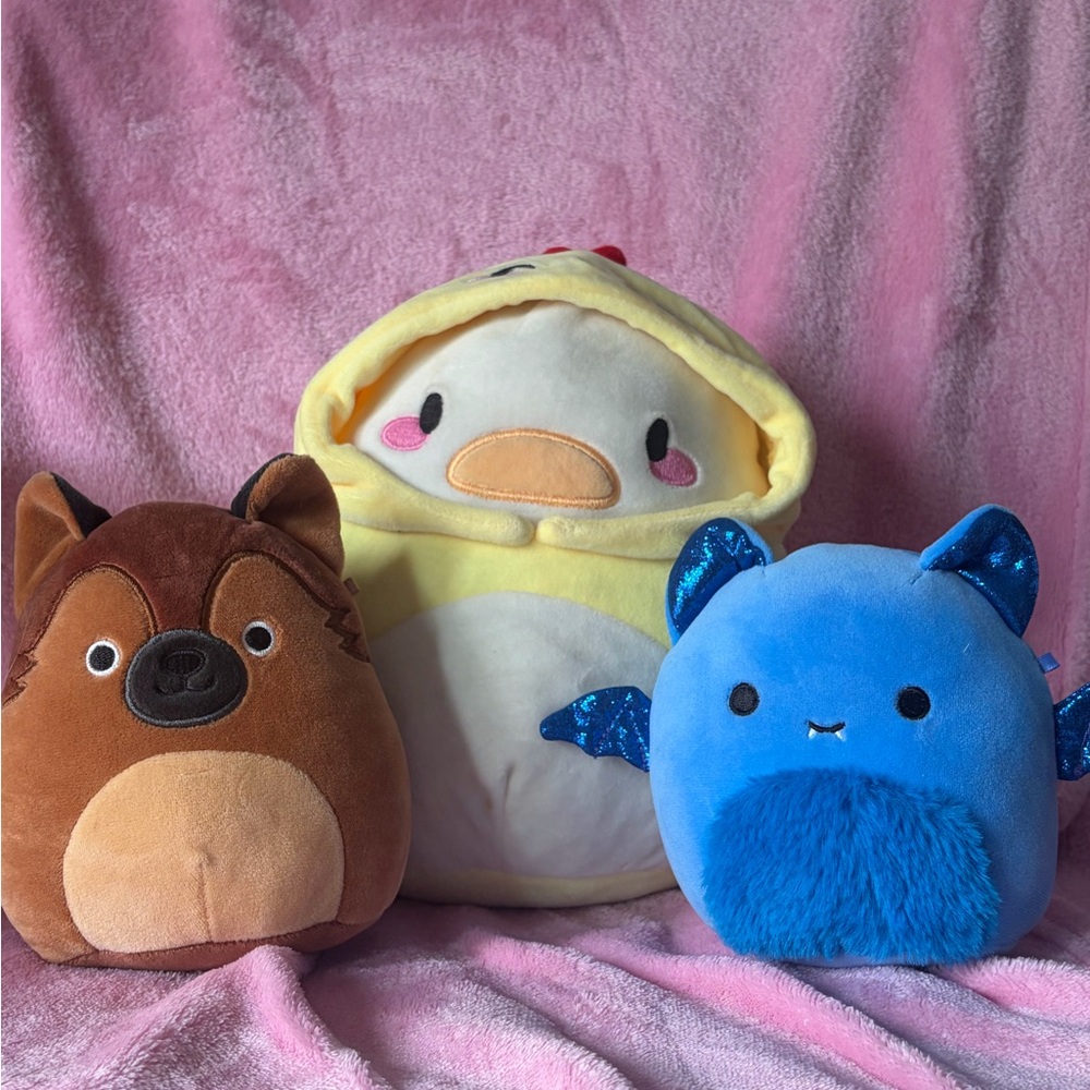 Squishmallow trio - noodles the duck, bat, and dog